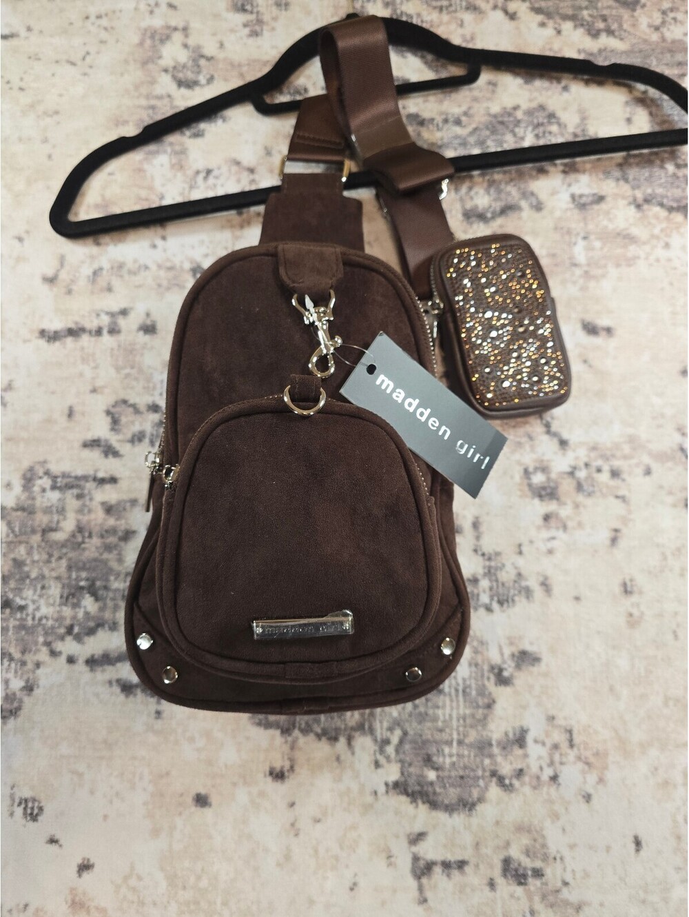 Madden Girl Brown Suede Crossbody Bag with Studded Coin Pouch (NWT)